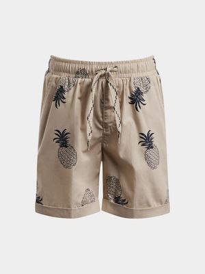 Older Boy's Stone Pineapple Print Poplin Shorts
