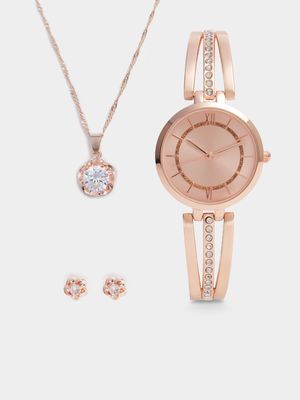 Women's Rose Gold Diamante Watch, Necklace & Earring Set