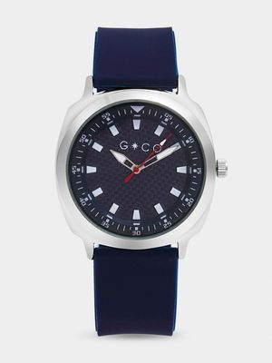 Mens Sporty Textured Silver with Navy Silicon Strap Watch