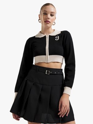 Women's Black & Sand Cropped Zip Through Cardigan