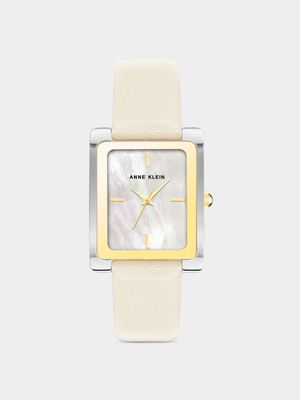 Anne Klein Silver & Gold Plated Rectangular Ivory Leather Watch