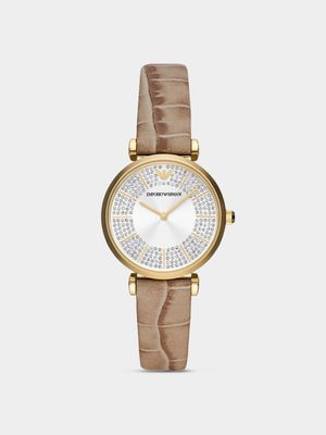 Emporio Armani Women's Gold Plated Stainless Steel Silver Dial & Taupe Leather Watch