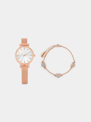 Tempo Rose Plated Mesh Watch & Heart Bracelet Set