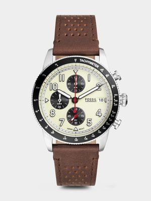 Fossil Sport Tourer Cream Dial  Brown Leather Chronograph Watch