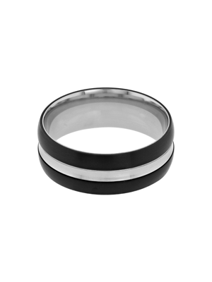 Stainless Steel Black Ring with Silver Inlay
