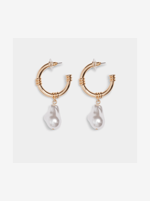 Large Pearl Hoop Drop Earrings