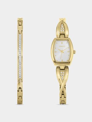 Tempo Woman's Silver Dial Gold Plated Bangle Watch 2 Piece Set