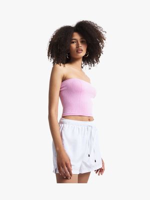 Women's Pink & White Ribbed Bandeau Seamless Top