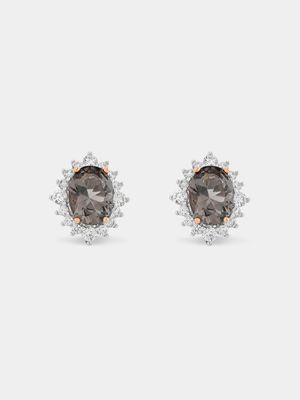 Sterling Silver & Rose Gold Women’s Grey Cubic Zirconia Halo Stud Earrings