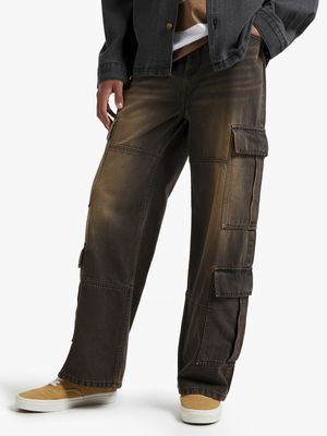 Men's Tinted Black Baggy Cargo Jeans