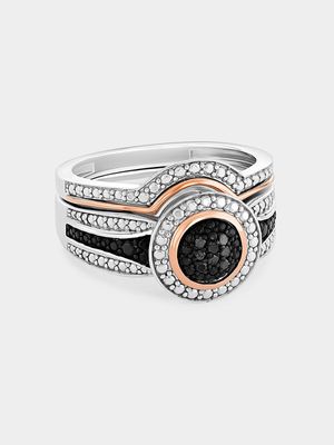 Rose Gold & Sterling Silver Black Diamond Round Twinset Ring