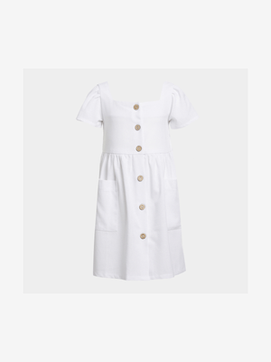 Younger Girl's White Button Front Dress