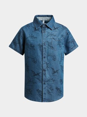 Younger Boy's Blue Chambray Dino Print Shirt