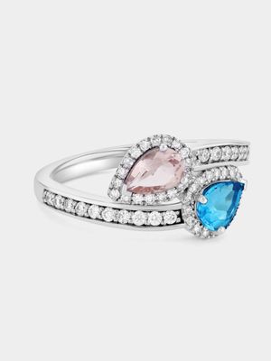 White Gold 0.34ct Diamond Sky Blue Topaz & Pink Morganite Embrace Ring