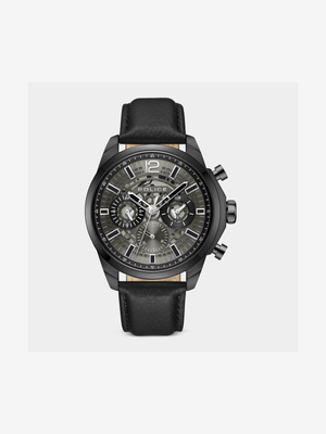 Police Menelik Black Plated Charcoal Dial Black Leather Watch