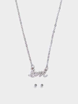 Women's Silver Love Necklace & Earrings Set