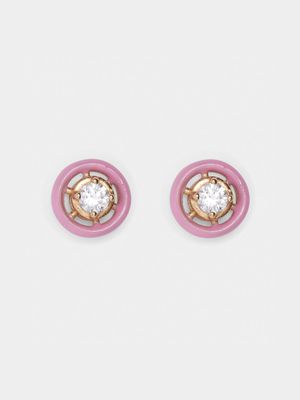 18ct Gold Plated Brass & Pink Enamel Stud Earrings