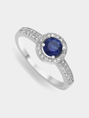 Sterling Silver Cubic Zirconia & Created Blue Sapphire Shimmer Ring
