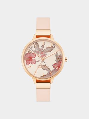 Nine West Rose Plated Floral &  Pink Synthetic Leather Watch