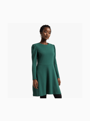 Women's Dark Green Flared Puff Sleeve Dress