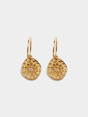 18ct Gold Plated Hoops with Hammered Disk Charm