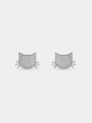 Sterling Silver Cubic Zirconia Kitty Stud Earrings