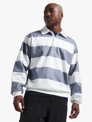 Men's Grey & White Striped Rugby Sweat Top