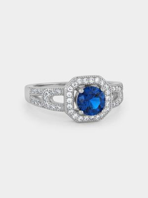Sterling Silver Blue Cubic Zirconia Vintage-Style Ring