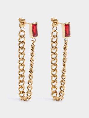 Stainless Steel 18ct Gold Plated Waterproof red emerald cut stud with chain