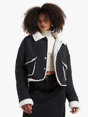 Women's Black Cropped Borg Jacket
