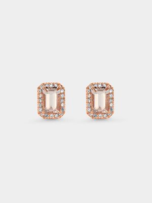Rose Gold Diamond & Morganite Emerald-Cut Halo Women’s Stud Earrings