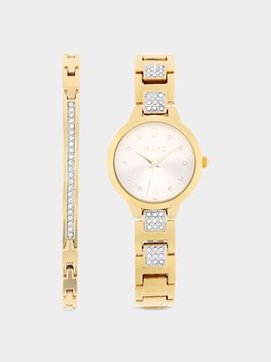 Tempo Ladies Gold Plated Round Shape Watch Set