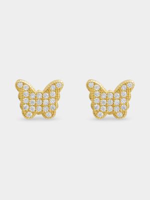 Sterling Silver Gold Plated CZ Pave Butterfly Studs
