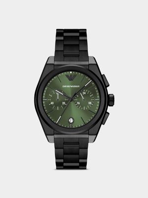 Emporio Armani Green Dial & Black Plated Stainless Steel Chronograph Bracelet Watch