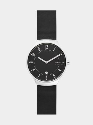 Skagen Men's Grenen Silver Plated Stainless Steel & Black Leather Watch