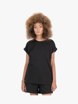 Women's PHEME Black Relaxed Drop Shoulder Cap Sleeve T-shirt
