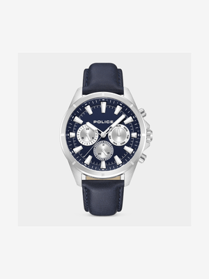 Police Malawi Stainless Steel Navy Leather Watch