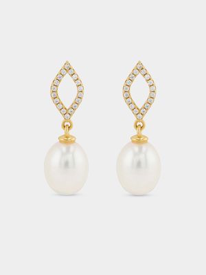 Gold Plated Sterling Silver Freshwater Pearl Open Marquise Drop Earrings
