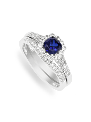 Sterling Silver & Created Blue Sapphire Flower Cushion Twinset Ring