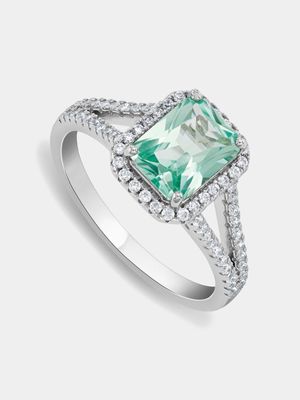 Sterling Silver Mint Green Cubic Zirconia Emerald Cut Halo Women’s Ring
