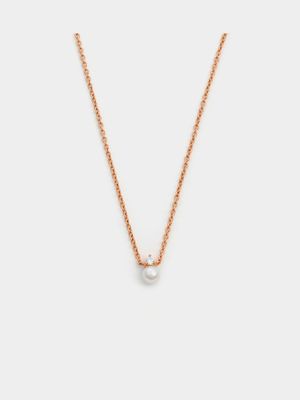 Rose Gold Plated Women’s Pearl & Cubic Zirconia Necklace