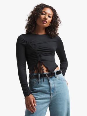 Women's Black Crew Neck with Front Slit & Ruching Top