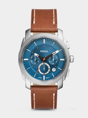 Fossil Machine Blue Dial Brown Leather Chronograph Watch