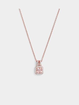 Rose Plated Sterling Silver Morganite Peach Cubic Zirconia Cushion Pendant