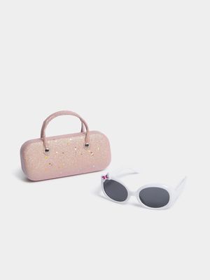 Girl's White Bow Sunglasses & Glitter Hand Bag Set