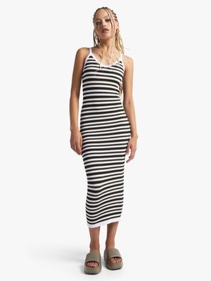 Women's Black & White Striped Wide Strap Cami Dress