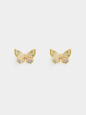 18ct Gold plated Butterfly Studs with Multiple Shaped Colour CZ Detail