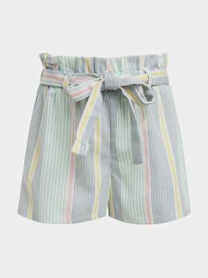 Younger Girl's White Stripe Print Paperbag Shorts