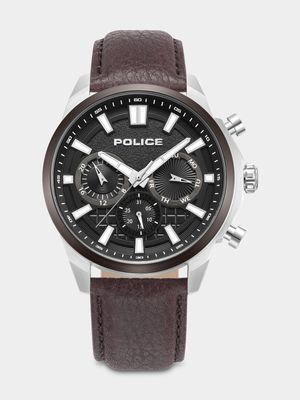 Police Rangy Stainless Steel Black Dial Brown Leather Chronograph Watch