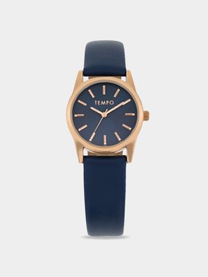 Tempo Ladies Rose Gold Tone & Blue Leather Strap Watch